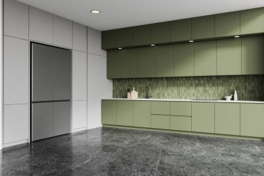 Ev mutfağının gizli tasarımıyla iç mekânının köşesi. Lavabo, soba ve mutfak gereçleri, gri beton zemin. Duvara monte edilmiş buzdolabı olan renkli yemek alanı. 3B görüntüleme