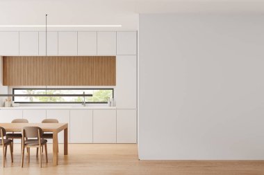 Beyaz ve ahşap mutfak, yemek masası, sandalyeler, ahşap döşeme. Yemek kabiniyle yemek odası. Panoramik pencere ve duvar bölmesi. 3B görüntüleme