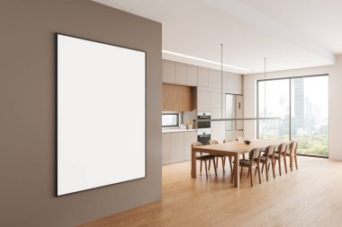 Mutfak manzarası, yemek masası, sandalyeler, ahşap zemin. Dolapta yemek pişirme alanı. Bangkok gökdelenlerinin panoramik penceresi. Tuvalin posterini hazırla. 3B görüntüleme