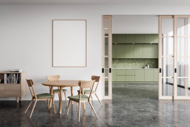 Modern ev mutfağı, yemek masası, sandalyeler, dekorasyonlu çekmece. Cam kapılar, arka planda yemek dolabı, panoramik pencere. Boş bir poster hazırla. 3B görüntüleme