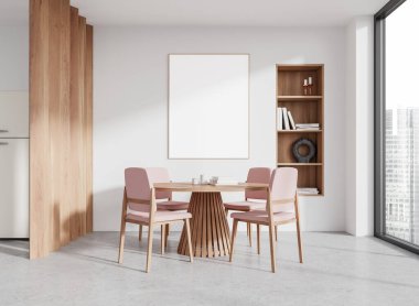 Yemek masası ve pembe sandalyeli modern ev mutfağı, dekorasyonlu raflar. Gökdelenlerin panoramik penceresi. Boş bir poster hazırla. 3B görüntüleme