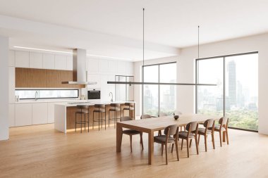 Yemek alanı olan geniş modern mutfak, gösterişli dolaplar ve şehir manzaralı geniş pencereler. 3B Hazırlama