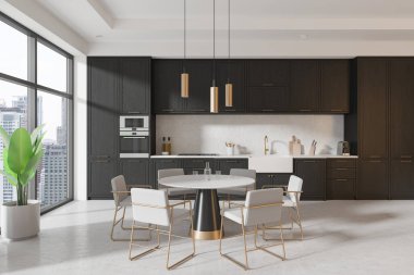 İçinde siyah dolaplar, sandalyeli yuvarlak bir yemek masası ve geniş pencereler olan modern mutfak. Şehir manzarası geçmişi. 3B Hazırlama