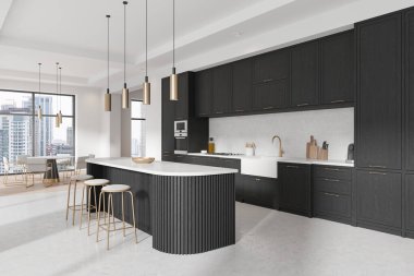 Siyah dolaplı modern mutfak, beyaz ada ve şehir manzaralı. Çağdaş tasarım, parlak arka plan. 3B Hazırlama