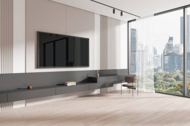 Bej ev iç mimarisi ya da güzellik masası köşesi manzaralı, ahşap zemin üzerinde sandalye. Televizyon ekranı ve gökdelenlerin panoramik pencereli minimalist dekorasyonu. 3B görüntüleme