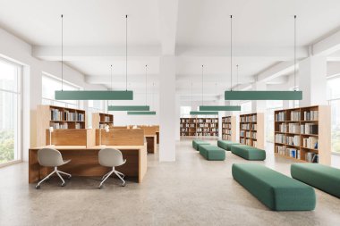 Parlak kütüphane içinde çalışma masaları ve sıra sıra sandalyeler, beton zemin. Çalışma alanı ve kitap rafları, kanepe ile dinlenme alanı. Bangkok gökdelenlerinin panoramik penceresi. 3B görüntüleme