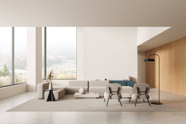 Bej renkli oturma odası, iki koltuk ve kanepe, sanat dekorasyonu ve kitapları olan büfe, beton zeminde halı. Kırsal kesimde panoramik pencere. 3B görüntüleme