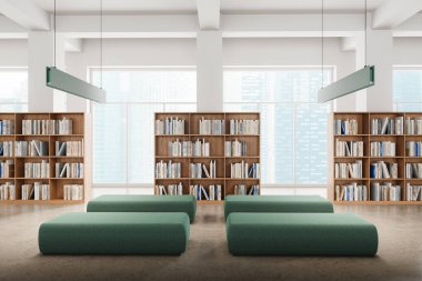 Şehir manzaralı geniş pencerelere karşı yeşil banklar ve ahşap kitaplıkların yer aldığı modern kütüphane içi. 3B Hazırlama