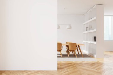 Ahşap mobilyalar ve kitaplıklarla dolu modern bir yemek odasında boş bir duvar modeli. Parlak, minimalist iç mekan. Uzay konseptini kopyala. 3B Hazırlama