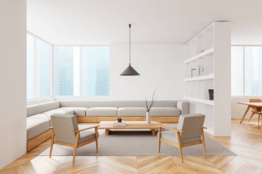 Beyaz oturma odasının içinde kanepe, koltuklar ve halıda kahve masası, süslemeli raf. Sandalyeli yemek masası. Singapur gökdelenlerinin panoramik penceresi. 3B görüntüleme