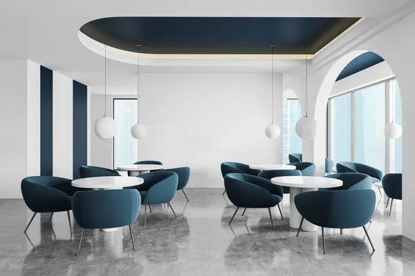 stock image Modern cafe interior featuring blue chairs and white round tables, with large windows and hanging lights. 3D Rendering