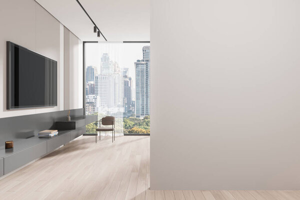 Modern living room with a blank wall for mockup. Large window with city view, wooden floor, TV, and furniture. Concept of interior design. 3D Rendering