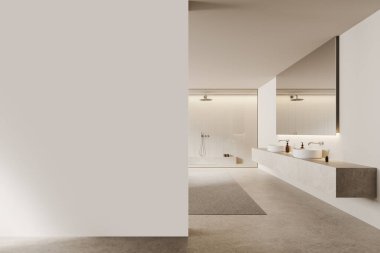 Cam duş, lavabo, aksesuarlar ve ayna ile bej ev banyosu. Minimalist dairede hafif banyo alanı. Boş duvar bölmesini düzenle. 3B görüntüleme