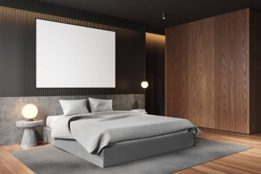 Ev yatak odasının köşesi. Yatak odası, taş komodin, dekorasyon ve lambalar. Parke zeminde halı olan rahat bir uyku odası. Aksan duvarındaki tuval posterini taklit et. 3B görüntüleme