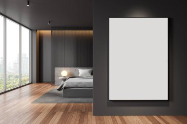 Karanlık ev yatak odası iç yatak odası, taş komodin, gökdelenlerin panoramik penceresi. Ahşap döşeli lüks bir uyku odası. Bölümdeki tuval posterini taklit et. 3B görüntüleme