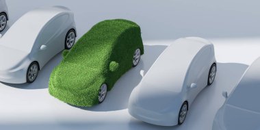 Yeşil çimlerle kaplı bir araba bir otoparkta beyaz arabaların arasında duruyor. Çevre dostu araçlar kavramı. 3B Hazırlama