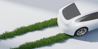 Beyaz elektrikli bir araba, beyaz ve pürüzsüz bir yüzeyde yeşil çimen izleri bırakıyor. Çevre dostu araç teknolojisi kavramı. 3B Hazırlama