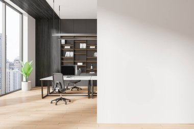 Masası, sandalyesi, rafları ve büyük pencereleri olan modern bir ofis. Model için sağdaki boş duvar. 3B Hazırlama