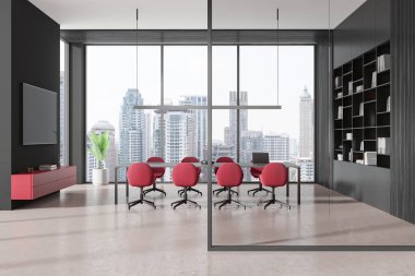 Kırmızı sandalyeli modern konferans odası, geniş pencereli şehir manzarası, siyah duvarlar, minimalist tasarım, profesyonel çalışma alanı konsepti, 3D oluşturma
