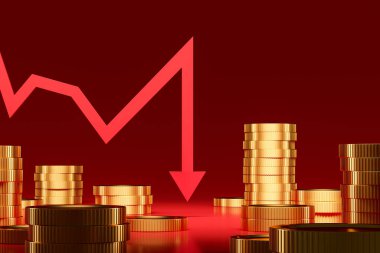 Kırmızı zemin üzerinde kırmızı bir ok ve grafik çizgisi olan altın sikkeler. Ekonomik çöküş kavramı. 3B Hazırlama