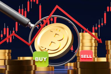 Büyüteç altında Bitcoin madeni para, satın al ve sat düğmeleri, arka planda kırmızı finans grafiği. Kripto para ticareti kavramı. 3B Hazırlama