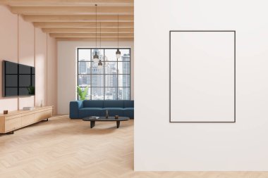 Bej renkli oturma odası. Kanepe, televizyon ve sanat dekorasyonlu çekmece. Bangkok gökdelenlerinde rahatlama alanı ve panoramik pencere. Duvar bölmesindeki tuval posterini taklit et. 3B görüntüleme