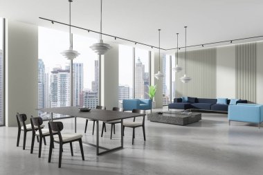 Şehrin ufuk çizgisine bakan geniş pencereli geniş modern yaşam ve yemek alanı, minimalist mobilyalar ve çağdaş aydınlatma armatürleri yer alıyor. 3B Hazırlama