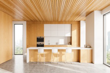 Ahşap ve beyaz mutfak iç mimarisi bar adası, dolap mutfak gereçleri ve fırın duvarı döşeli lavabo. Gökdelenlerde panoramik pencereli şık yemek alanları. 3B görüntüleme