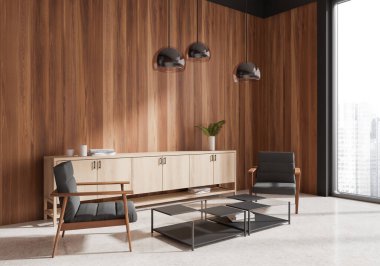 Ahşap duvarlar, modern mobilyalar ve geniş pencereli modern minimalist ofis salonu. Ofis iç tasarımı kavramı. 3B Hazırlama