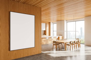 Ahşap ev mutfağının iç mekan manzarası, yemek masası, gökdelenlerde panoramik pencereli yemek dolabı. Duvar bölmesindeki tuval posterini taklit et. 3B görüntüleme