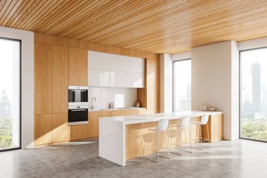 İçinde ahşap dolaplar, sandalyeleri ve tavandan tavana pencereleri olan uzun beyaz bir ada bulunan modern mutfak. Lüks bir hissi olan parlak ve temiz bir tasarım. 3B Hazırlama