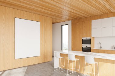 Ahşap ve beyaz ev mutfağı iç bar adasının köşesi, beton zeminde mutfak gereçleri olan mutfak dolabı. Gökdelenlerin panoramik penceresi. Tuvalin posterini hazırla. 3B görüntüleme