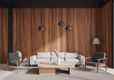 Ahşap ev oturma odasının içi kanepe ve koltuklarla döşeli kahve masası, beton zemin. Minimalist mobilyalarla dolu bir salon. 3B görüntüleme
