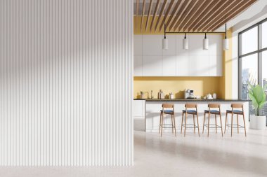 Bar adası ve sıra sıra taburesi olan renkli bir kafe. Mutfak gereçleri ve kahve makinesiyle yemek pişirme alanı. Gökdelenlerin panoramik penceresi. Boşluk boş duvar bölümünü kopyala. 3B görüntüleme