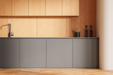 Lavabo ve mutfak malzemeleriyle dekore edilmiş, ahşap zemin üzerinde gizli raflar. Lüks yemek odası, modern dairedeki dolap. 3B görüntüleme