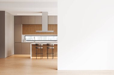 Ev mutfağı, bar, tabure, dolap, mutfak gereçleri ve kaput. Gökdelenlerde panoramik penceresi olan minimalist yemek alanı tasarımı. Boş duvar bölmesini düzenle. 3B görüntüleme