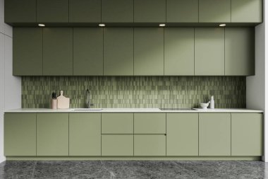 Gizli tasarımı olan yeşil ev mutfağı. Lavabo, soba ve mutfak gereçleri, gri beton zemin. Modern dairede renkli yemek pişirme alanı. 3B görüntüleme