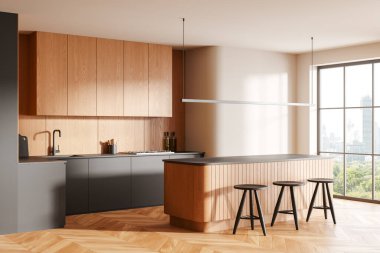 Koyu ve ahşap ev mutfağı manzaralı, koltukları, dolabı ve mutfak gereçleri olan bir bar. Şık yemek rafları tasarımı, Bangkok gökdelenlerinin panoramik penceresi. 3B görüntüleme