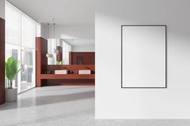 Modern banyo içinde beyaz bir duvarda boş bir poster çerçevesi kırmızı fayanslı lavabo, büyük pencereler ve şehir manzaralı. Tasarım şablonu kavramı. 3B Hazırlama