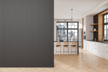 Klasik ev mutfağı, barın içi, sandalyeler, dolap, mutfak gereçleri ve buzdolabı. Gökdelenlerde panoramik pencereli lüks yemek pişirme alanı tasarımı. Boşluk boş duvar bölümünü kopyala. 3B görüntüleme