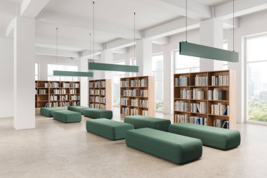 Geniş modern kütüphane iç mimarisi, ahşap kitaplıklar ve açık arkaplanda yeşil koltuklar. Sessiz bir okuma yeri kavramı. 3B Hazırlama