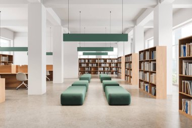 Kütüphanenin içinde şatafatlı bir oda ya da sıra sıra bekleyen bir bekleme salonu. Ahşap bölmeli çalışma masaları, beton zeminde sıra sıra kitap rafları. Gökdelenlerin panoramik penceresi. 3B görüntüleme