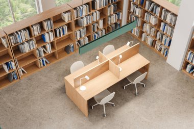 En şık kütüphane manzarası ahşap masalar, bölme ve sandalyeler, beton zemin. Minimalist mobilyalarla alan okumak ya da öğrenmek. Tropik bölgelerde panoramik pencere. 3B görüntüleme