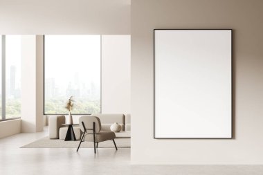 Duvarında boş bir poster, şehir manzaralı büyük pencereler ve minimalist mobilyalar olan modern iç mekan. 3B Hazırlama