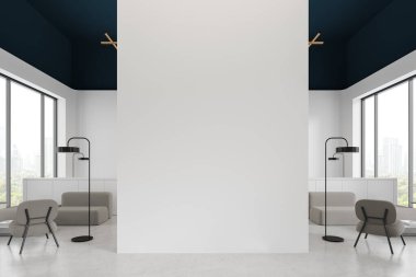 Modern ofis içi, minimalist mobilyalar, büyük pencereler ve şehir manzarası içeren büyük boş bir duvar. 3B Hazırlama