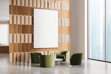 Modern bir iç mekanda ahşap bir duvarda boş bir poster modeli. Önde yeşil sandalyeler ve küçük bir masa var. Tasarım ve kopyalama alanı kavramı. 3B Hazırlama