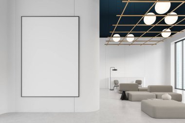 Beyaz ofis lobisi. Kanepesi ve koltukları var. Açık beton zeminde kahve masası. Gökdelenlerin panoramik penceresi. Duvar bölmesindeki tuval posterini taklit et. 3B görüntüleme