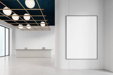 Beyaz duvarında boş çerçeveli poster olan modern ofis lobisi. Resepsiyon masası ve geniş pencereleri olan minimalist bir iç mekan. 3B Hazırlama