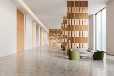 Lobide lobi alanı, kanepe ve tahta bölmeli koltuklar var. Singapur gökdelenlerinde iş resepsiyonu ve panoramik pencere. 3B görüntüleme