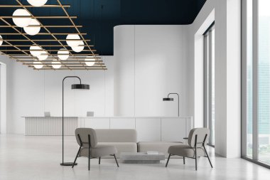 Minimalist mobilyalar ve ışıklandırmanın yer aldığı modern ofis lobisi. Tarafsız tonlar ve zarif bir tasarım zarif bir bekleme alanı yaratır. 3B Hazırlama
